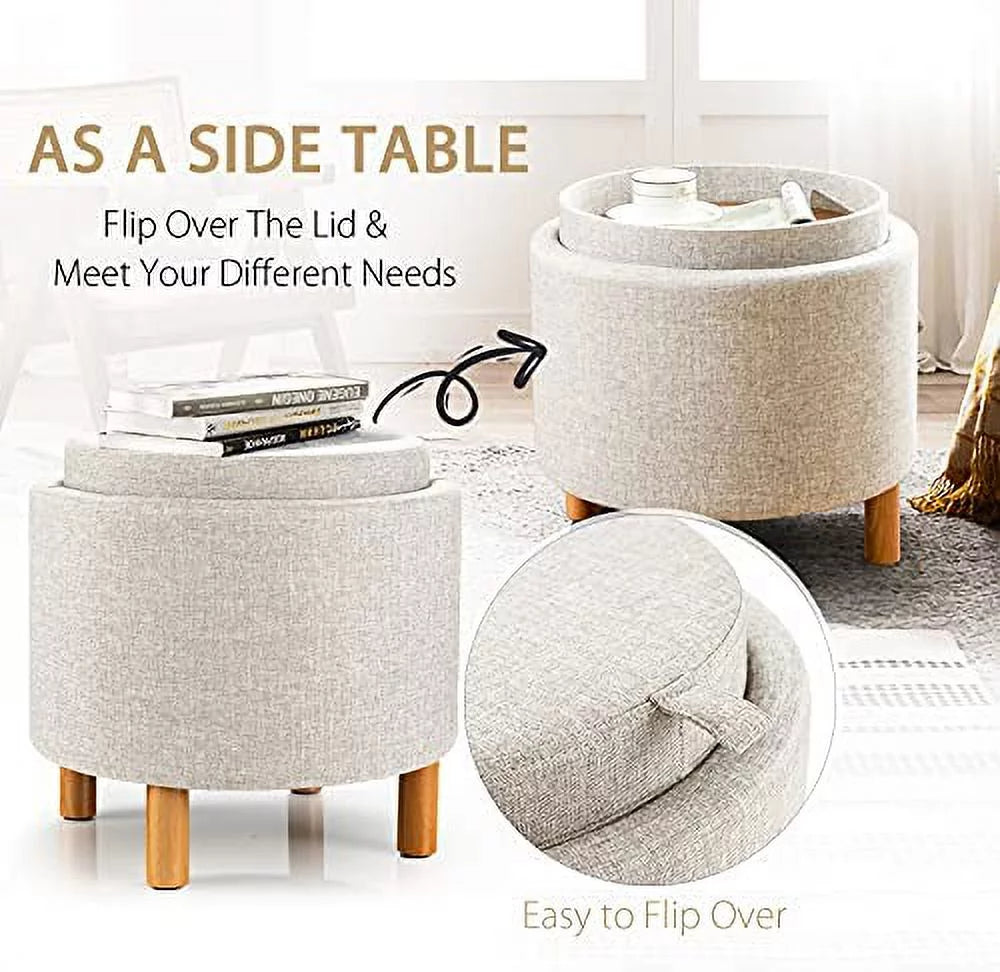 Beige Round Storage Ottoman with Tray K99048