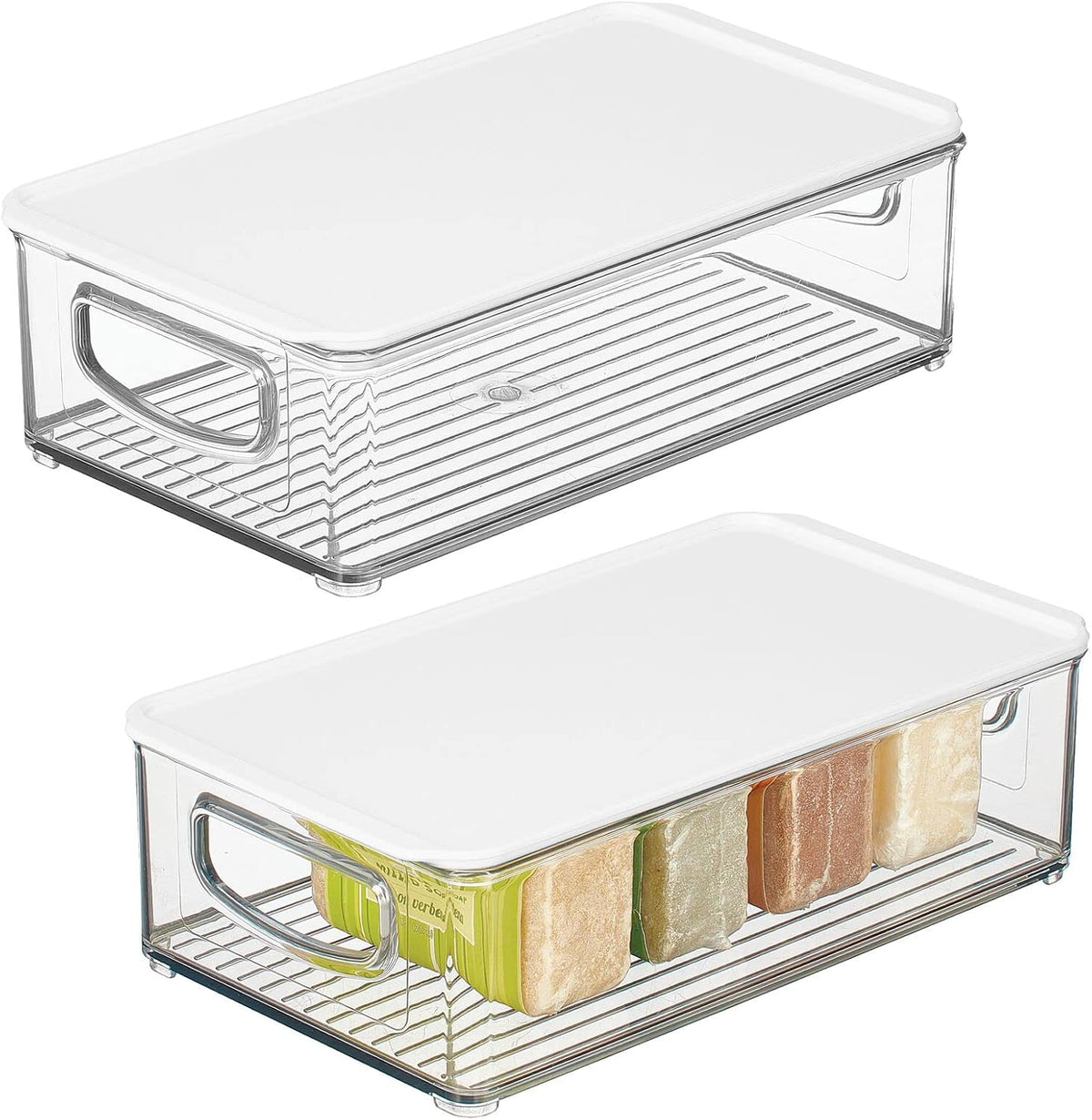 Clear/White Plastic Stackable Bathroom Storage Bin with Handles/Lid, 2 Pack Y578317