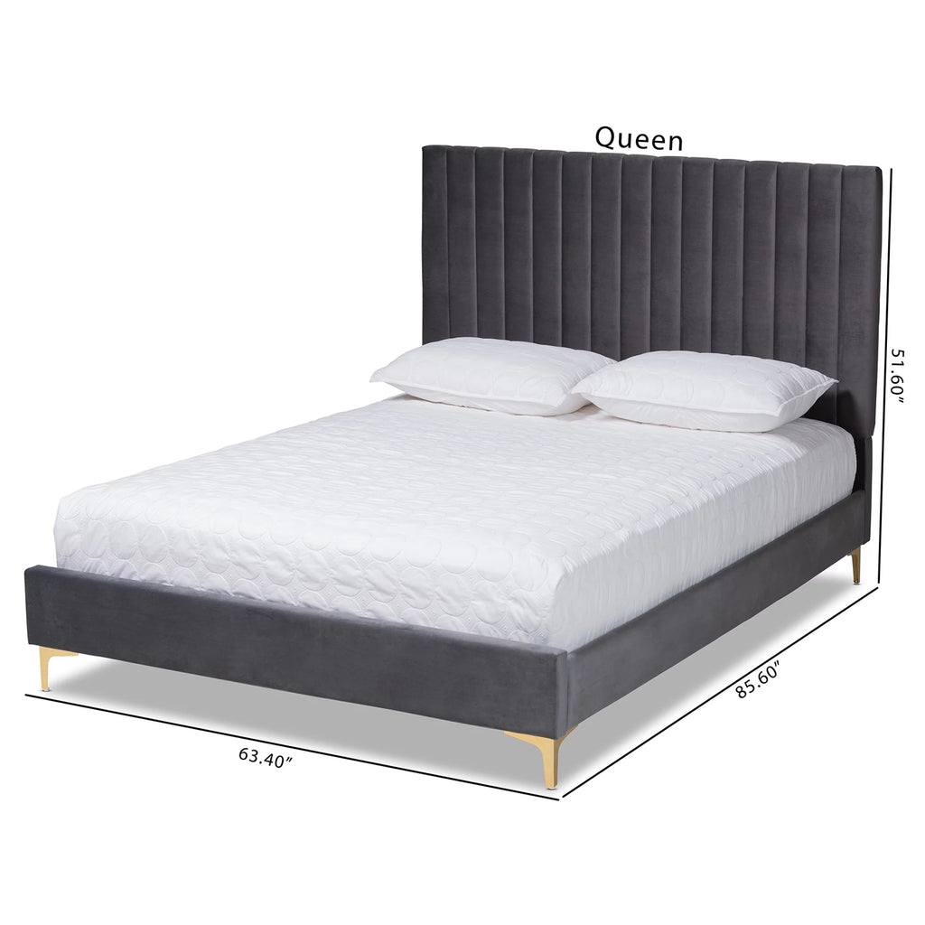 Grey Velvet Gold Metal Queen Size Platform Bed K64259