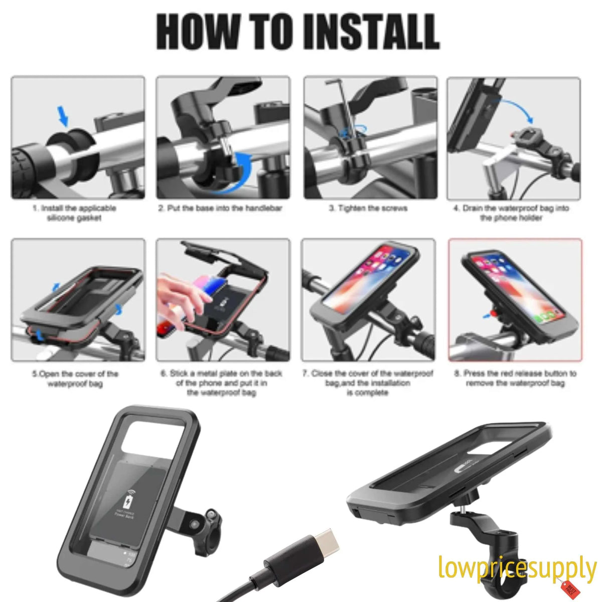 Motorcycle Phone Holder with 15W Wireless Charging and USB-C, 5000mAh Power Bank, ABS Plastic S448