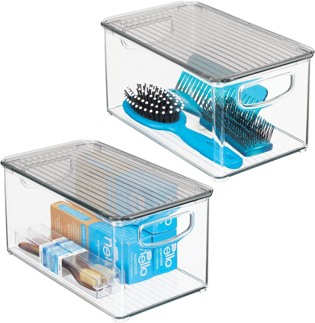 Clear/White Plastic Stackable Bathroom Storage Bin with Handles/Lid, 2 Pack Y578317