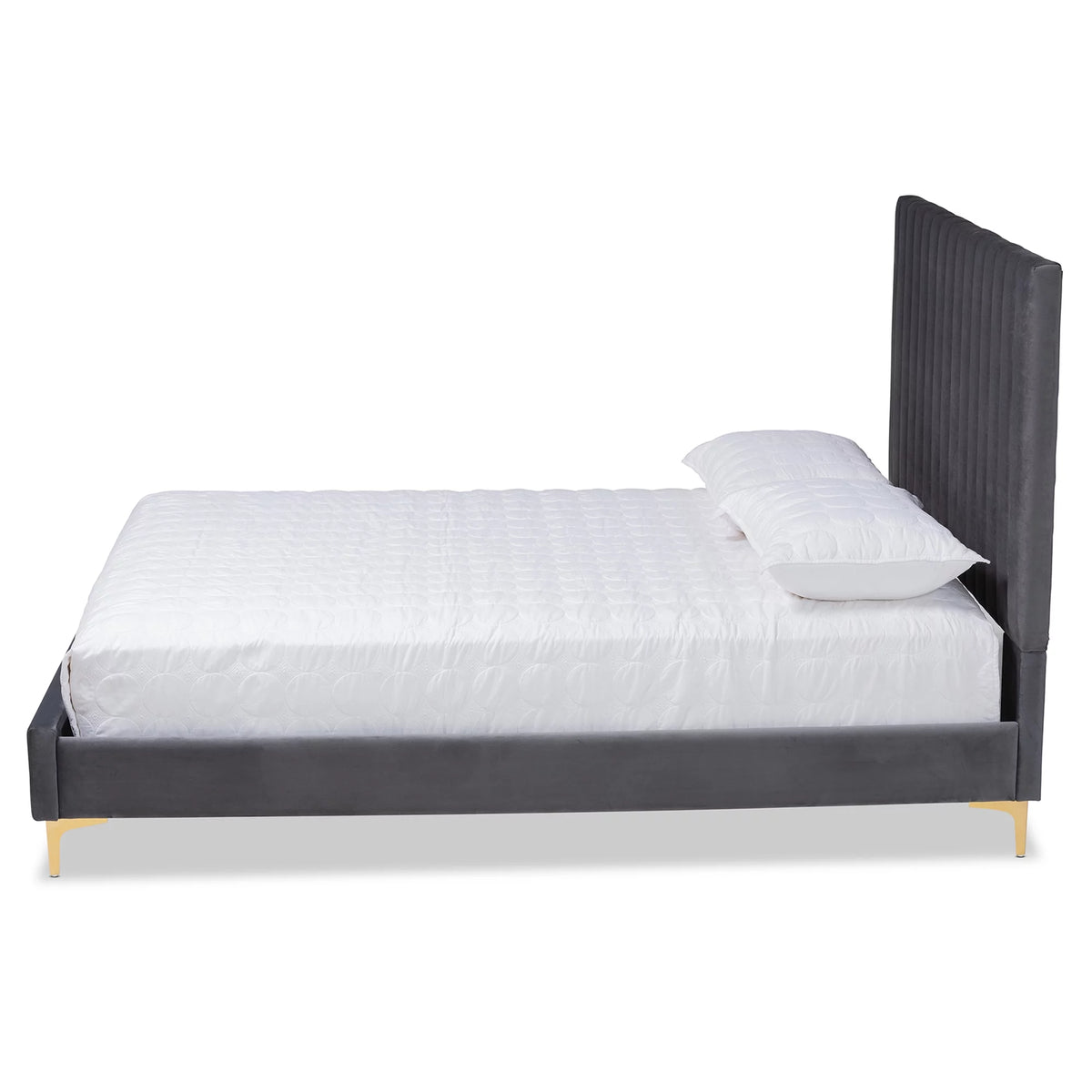 Grey Velvet Gold Metal Queen Size Platform Bed K64259