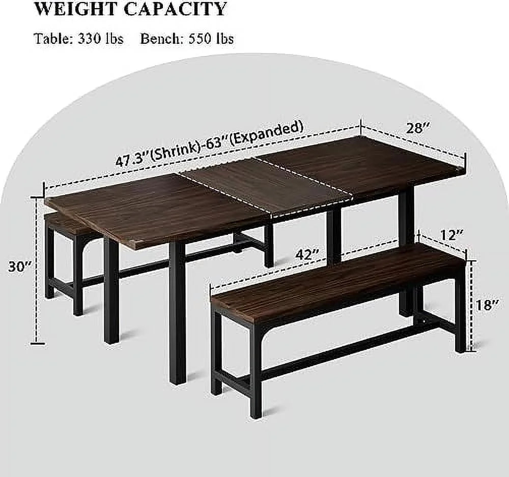 3-Piece Extendable Dining Table Set with 2 Benches T453773
