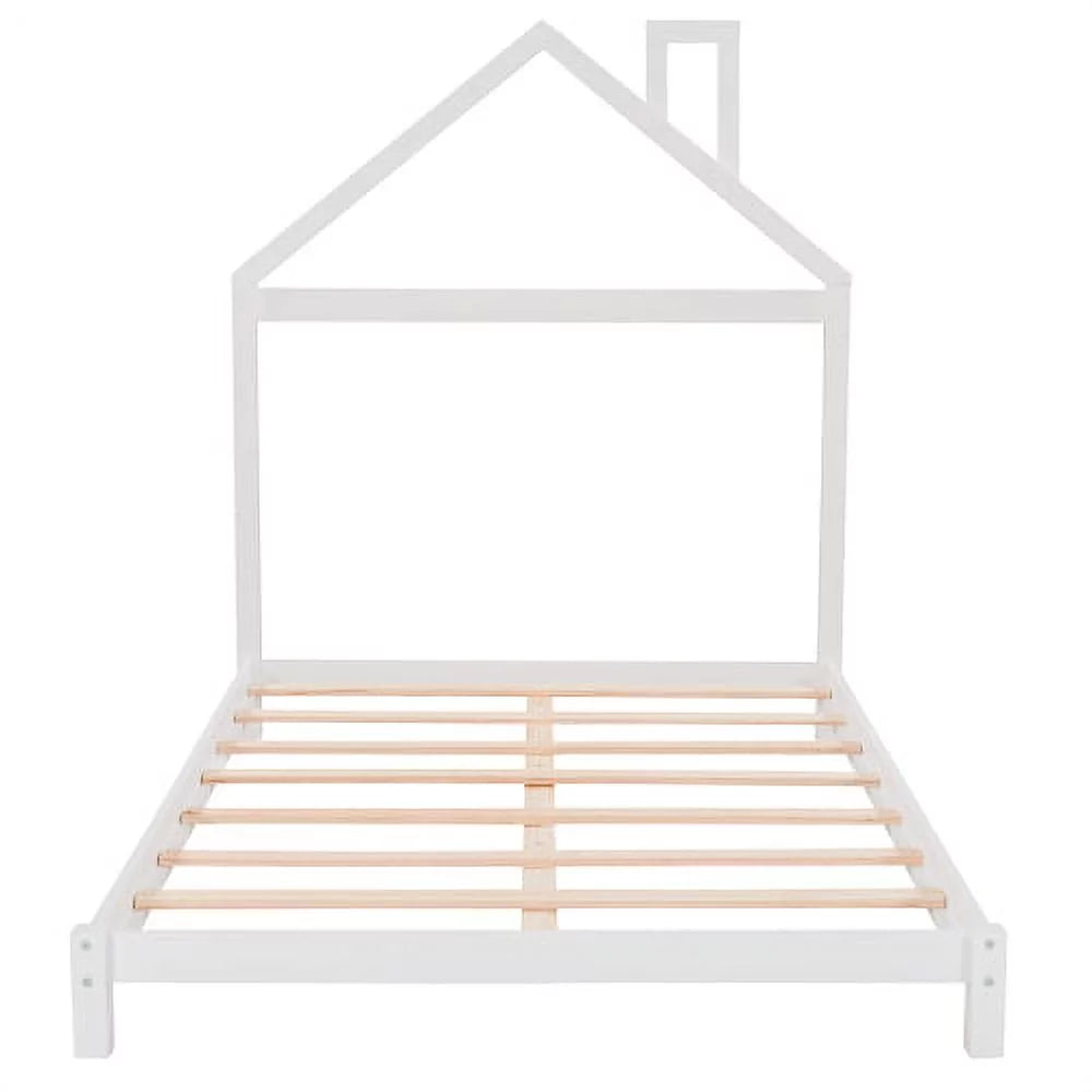 White Full Size Wood Platform Bed with House-shaped Headboard W8248
