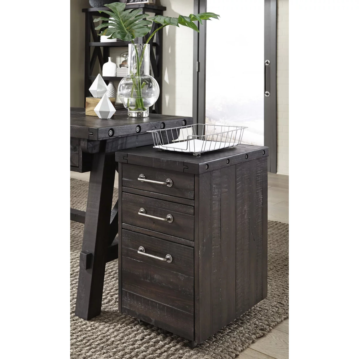 Cafe Brown Solid Pine Wood File Cabinet with Rolling Casters J460359