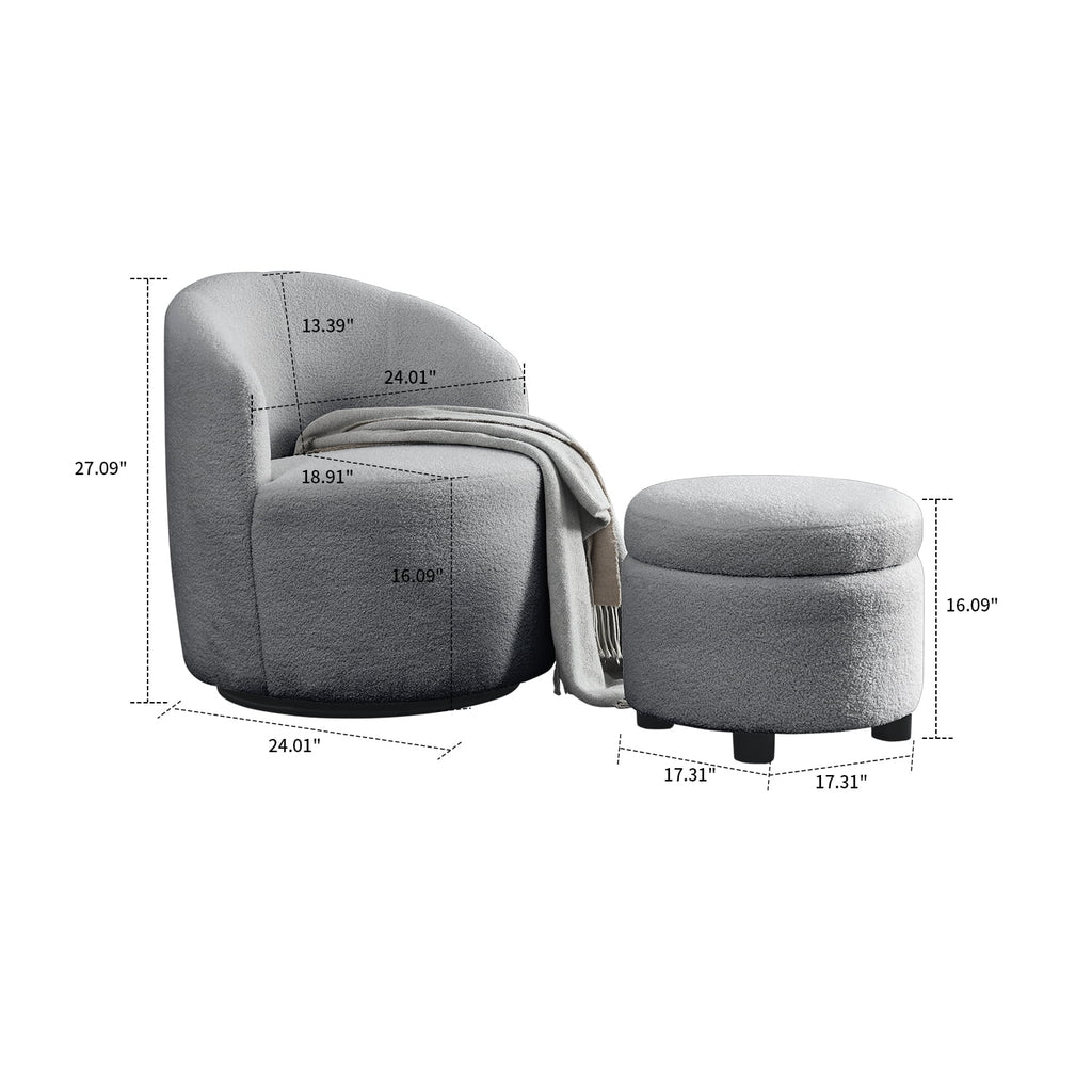 Grey Teddy Fabric Upholstered Swivel Barrel Chair with Storage Ottoman D474