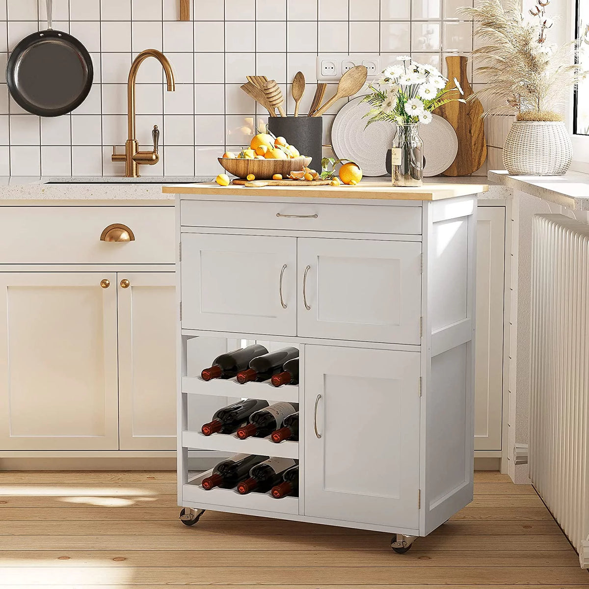 Rolling Kitchen Island with 9-Bottle Wine Rack and Drawer, White J4622