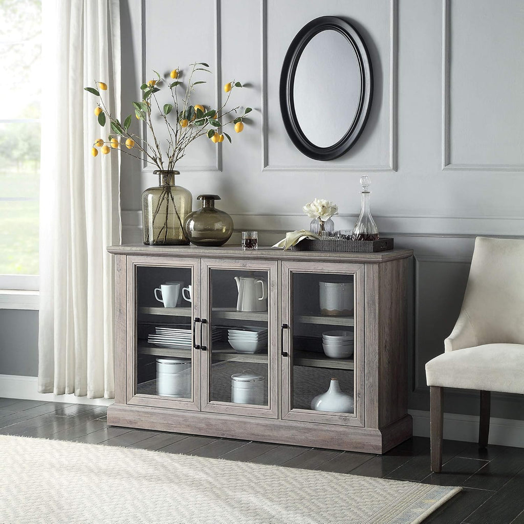 Rustic Grey Wood Sideboard Buffet with Storage Cabinet, Glass Doors, and Adjustable Shelves A6020