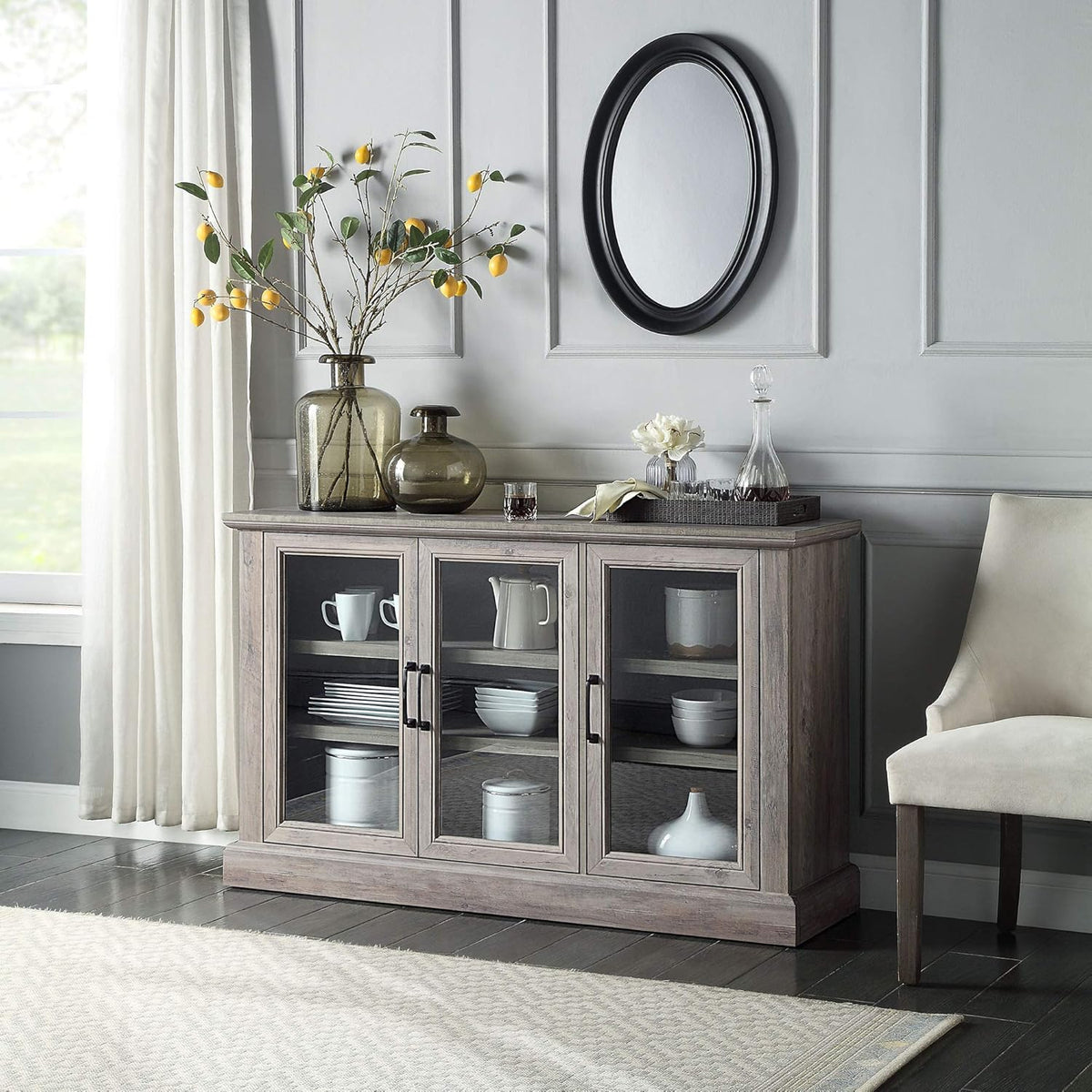 Rustic Grey Wood Sideboard Buffet with Storage Cabinet, Glass Doors, and Adjustable Shelves A6020