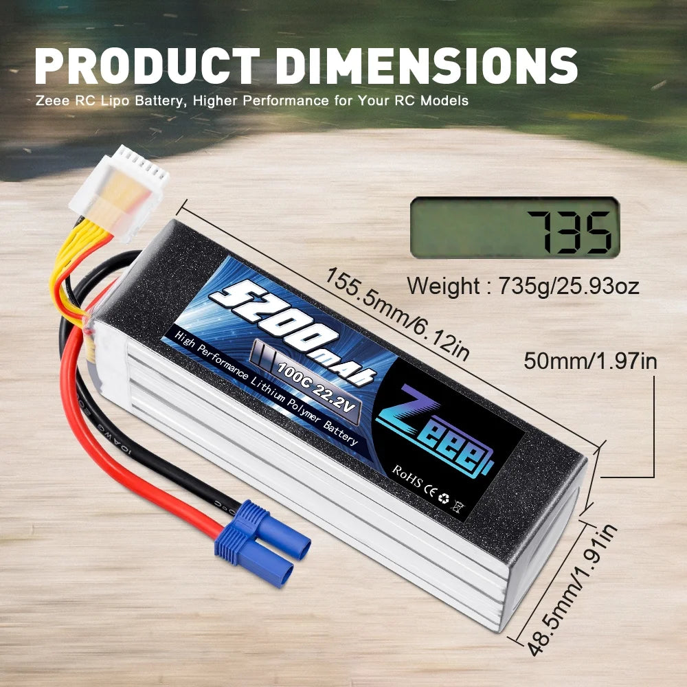 22.2V 100C 5200mAh 6S Lipo Battery EC5 Connector (2 Pack) W1521