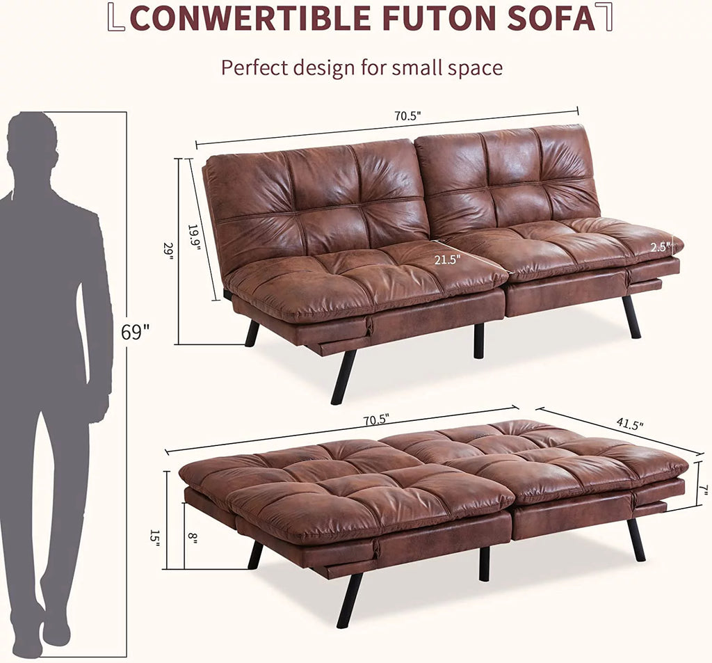 Leather Convertible Memory Foam Futon Sofa Bed with Mattress Q880612
