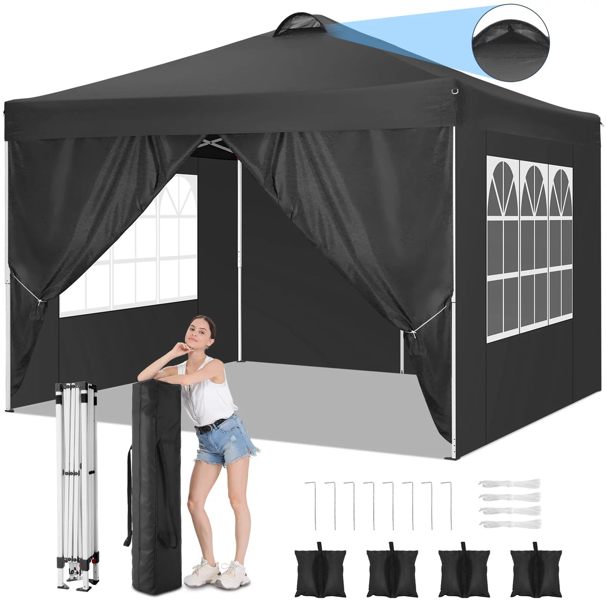 10'x10' Pop Up Canopy with Sidewalls and Sandbags A788