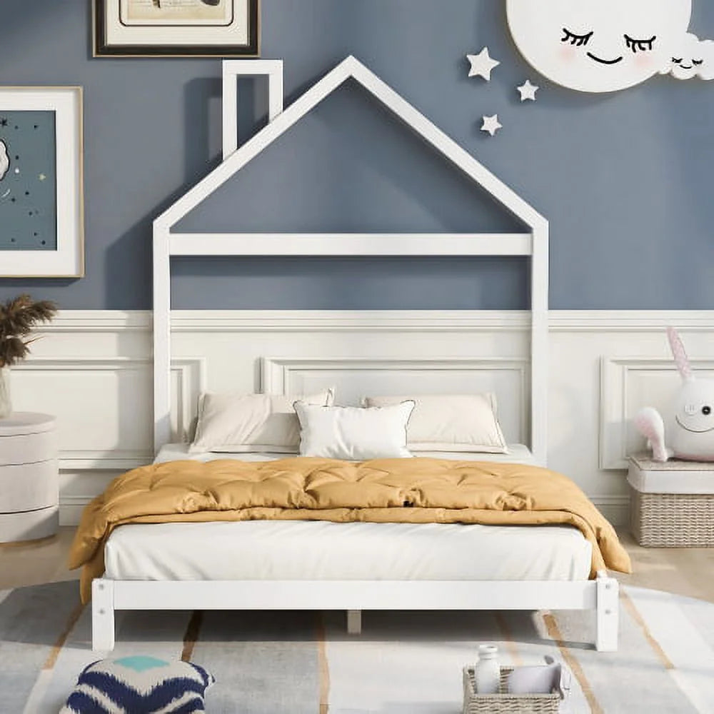 White Full Size Wood Platform Bed with House-shaped Headboard W8248