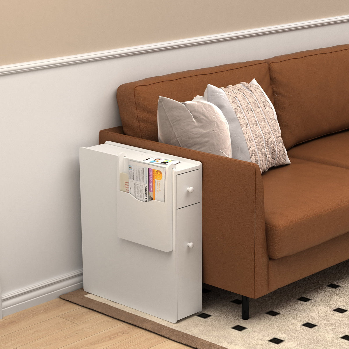 White Wood Slim Bathroom Storage Cabinet with Drawer U354