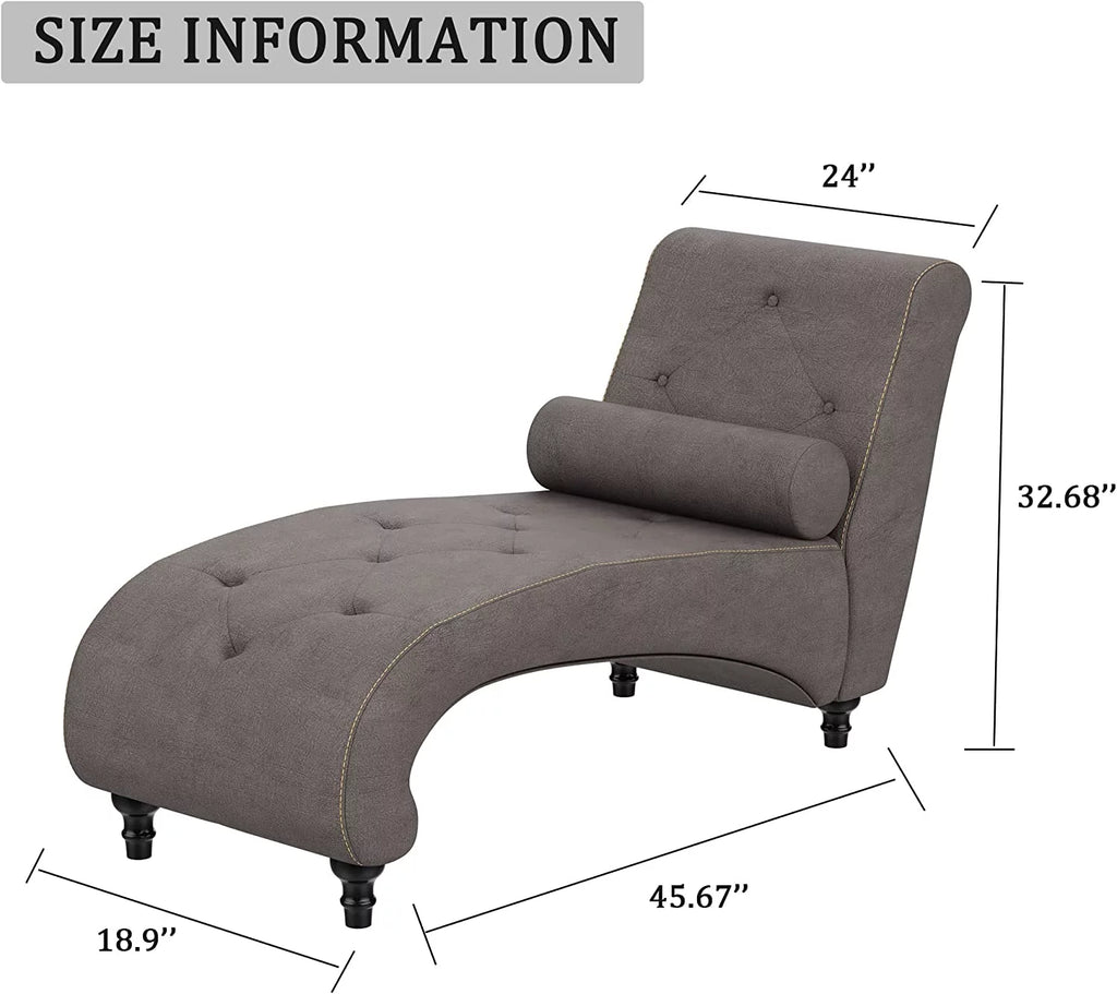 Grey Velvet Button-Tufted Chaise Lounge Chair with Bolster Pillow H39685