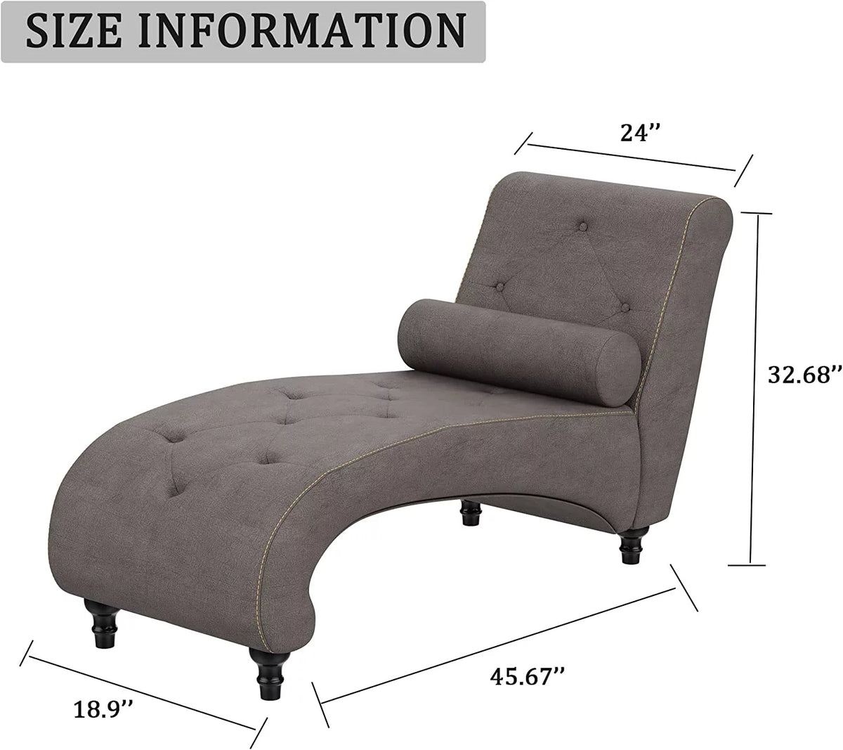 Grey Velvet Button-Tufted Chaise Lounge Chair with Bolster Pillow H39685