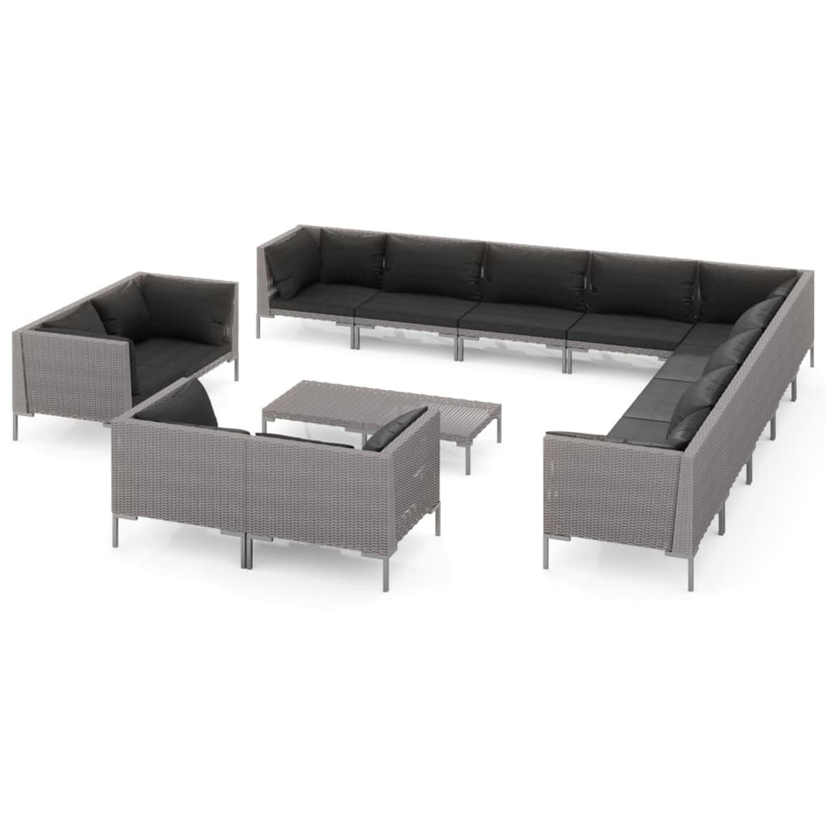 14 Piece Poly Rattan Dark Gray Outdoor Sectional Sofa Set with Cushions and Coffee Table V486