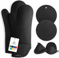Extra Long Heat Resistant Silicone Oven Mitts and Pot Holders Set, Black, Pack of 6 F6462
