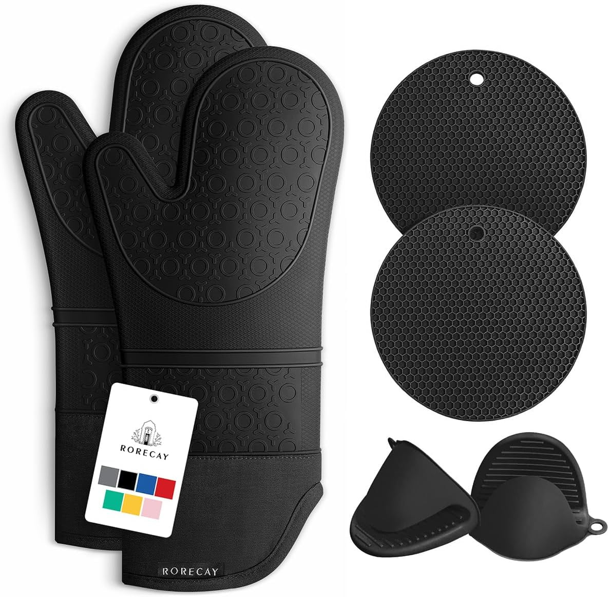 Extra Long Heat Resistant Silicone Oven Mitts and Pot Holders Set, Black, Pack of 6 F6462