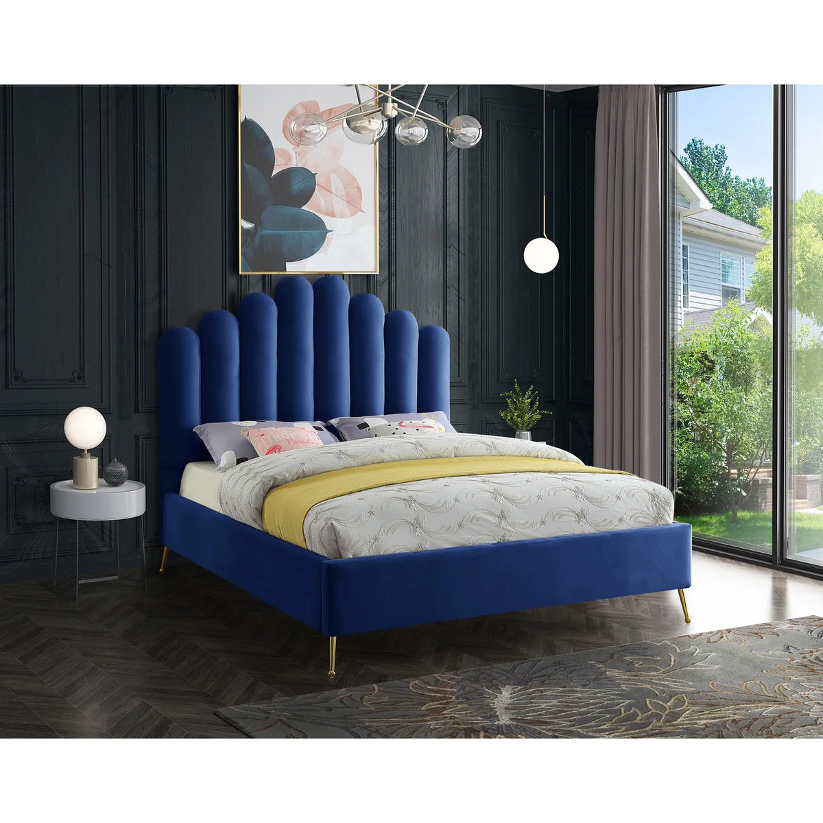 Velvet Upholstered Platform Bed with Gold Steel Legs Y57173