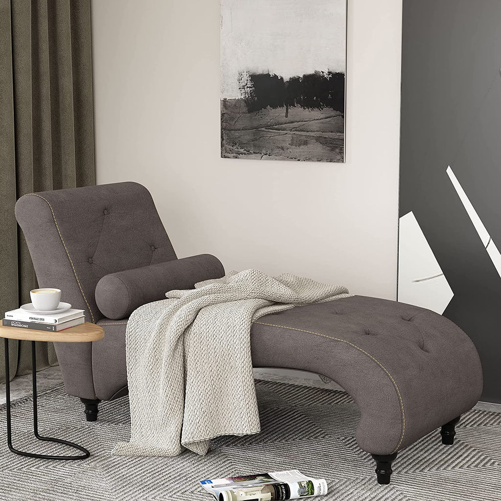 Grey Velvet Button-Tufted Chaise Lounge Chair with Bolster Pillow H39685