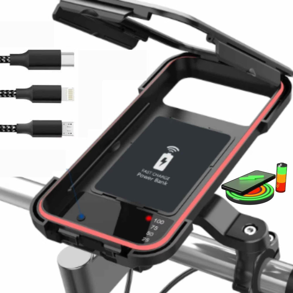 Motorcycle Phone Holder with 15W Wireless Charging and USB-C, 5000mAh Power Bank, ABS Plastic S448