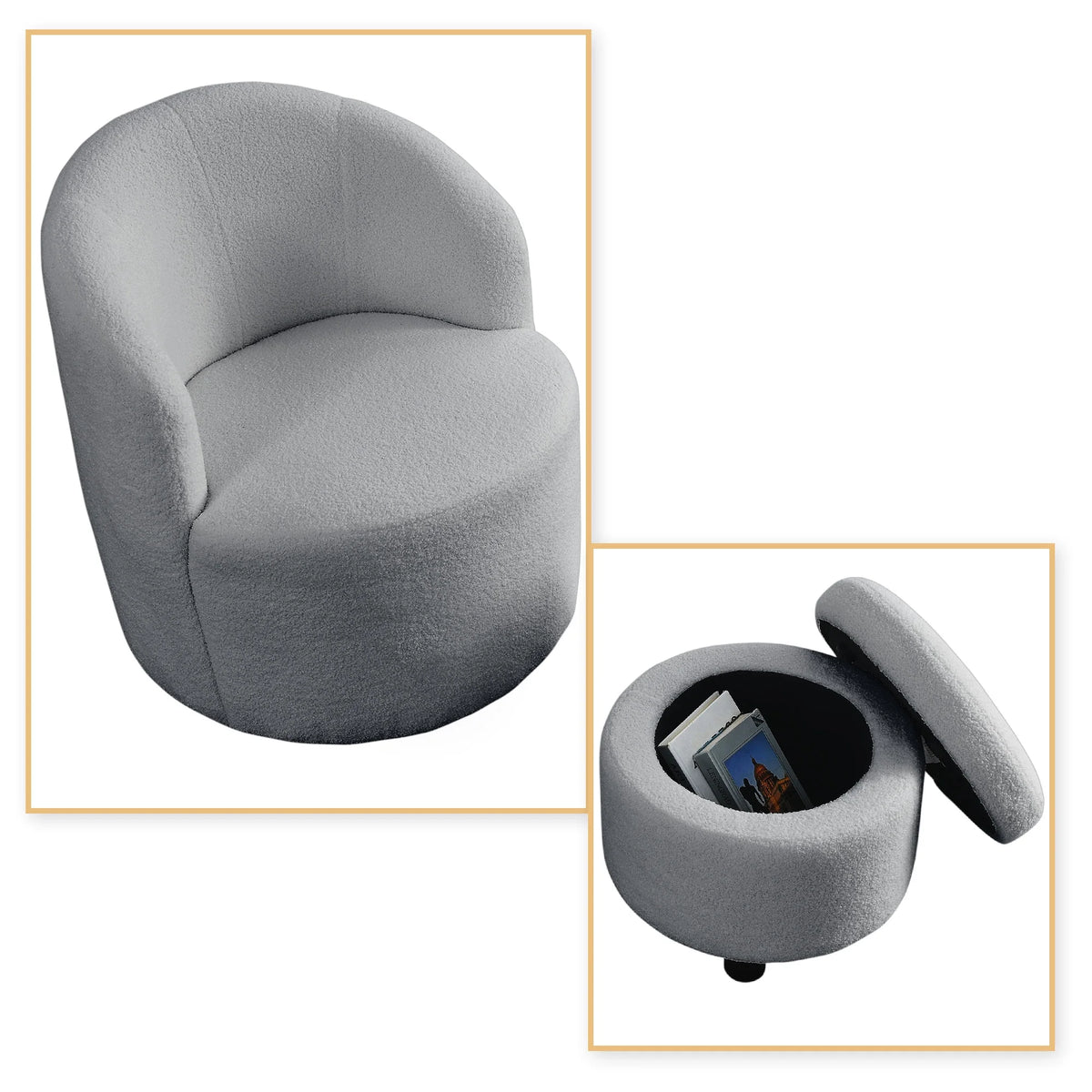 Grey Teddy Fabric Upholstered Swivel Barrel Chair with Storage Ottoman D474