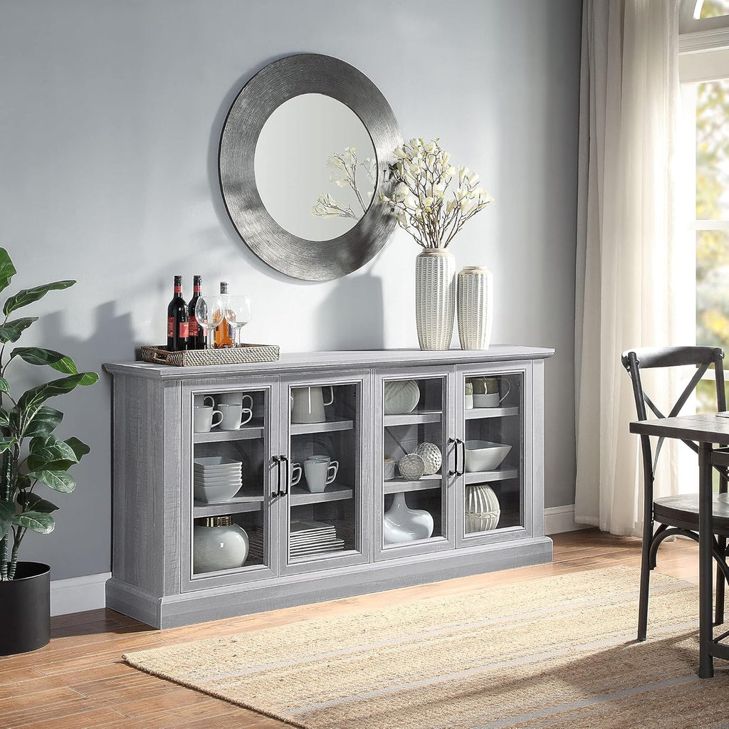Rustic Grey Wood Sideboard Buffet with Storage Cabinet, Glass Doors, and Adjustable Shelves A6020