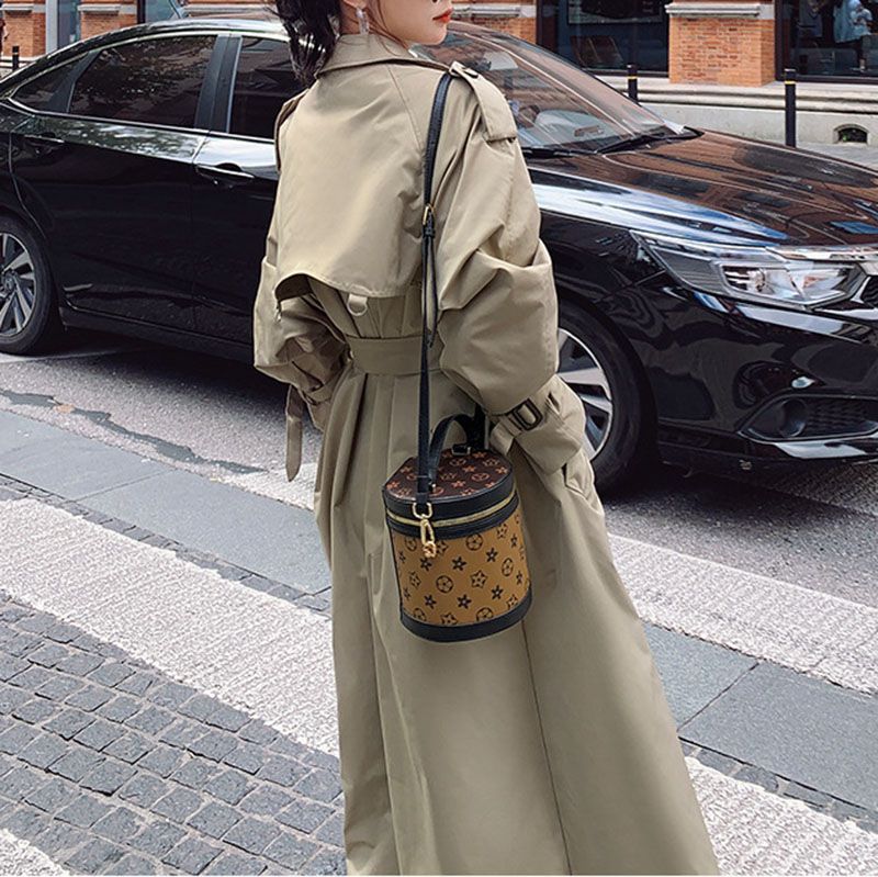 Large Collar Belted Twill Long Trench Coat B3512