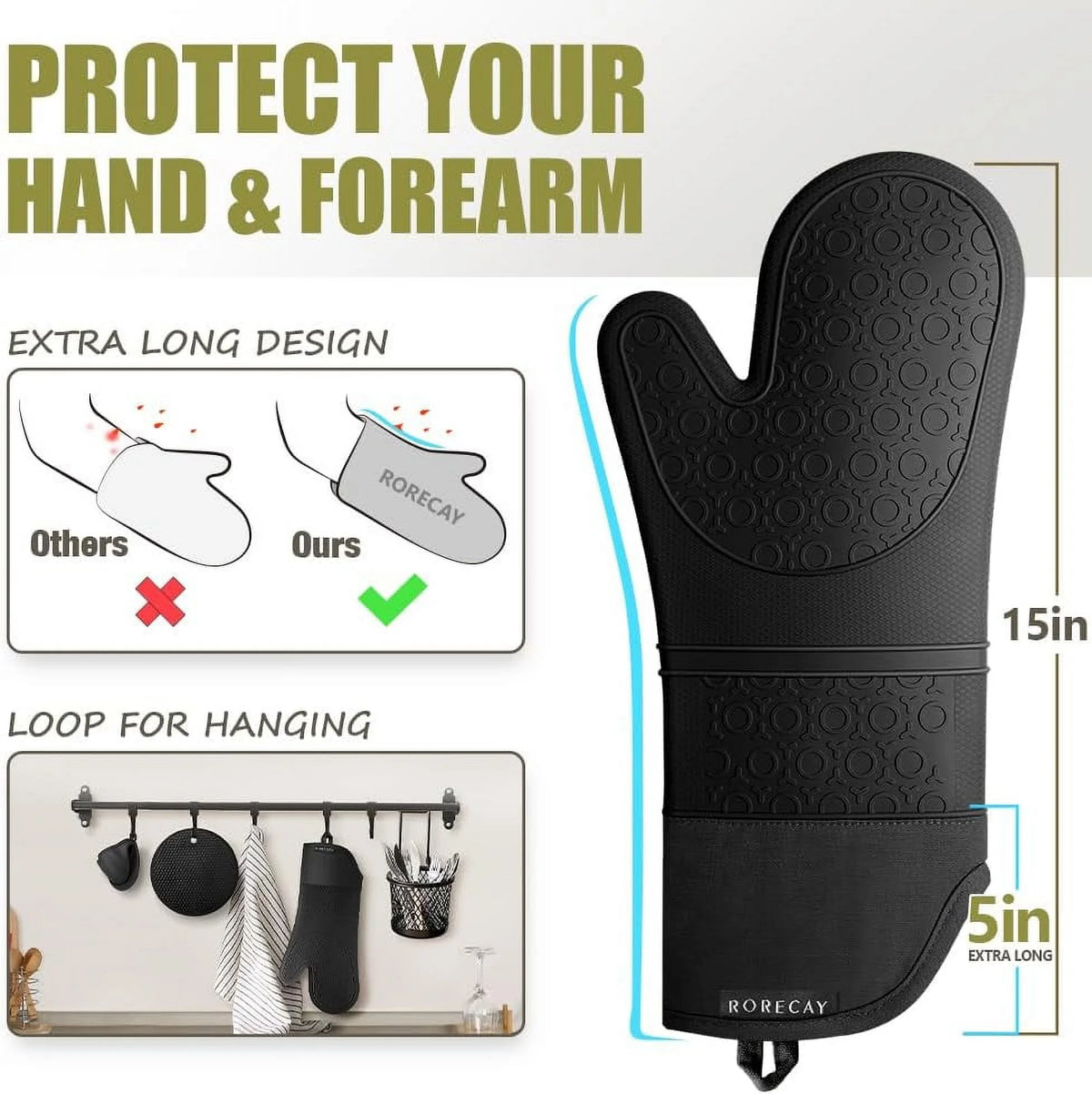 Extra Long Heat Resistant Silicone Oven Mitts and Pot Holders Set, Black, Pack of 6 F6462