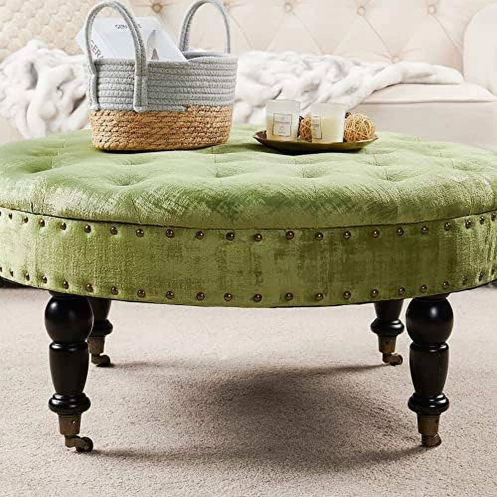 Green Tufted Round Velvet Ottoman Coffee Table 34" Large M35838