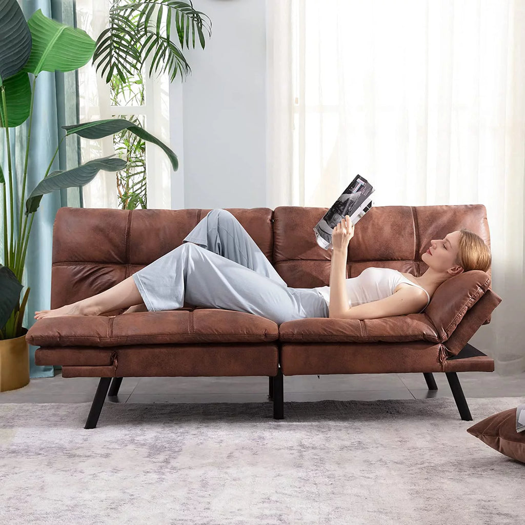 Leather Convertible Memory Foam Futon Sofa Bed with Mattress Q880612