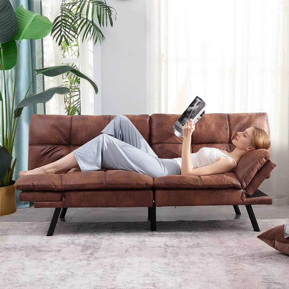 Leather Convertible Memory Foam Futon Sofa Bed with Mattress Q880612