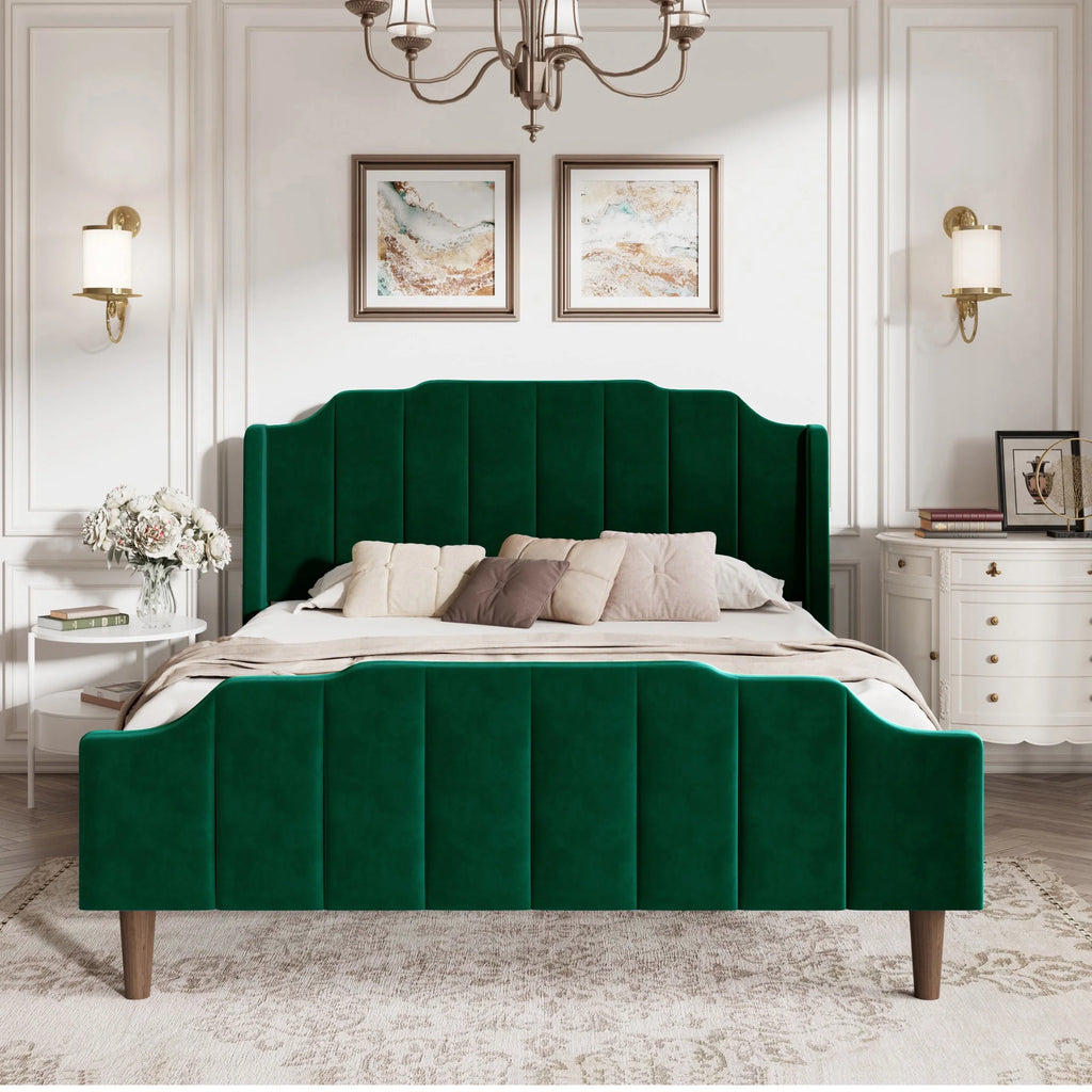 Queen Size Blue Velvet Upholstered Platform Bed Frame O2781